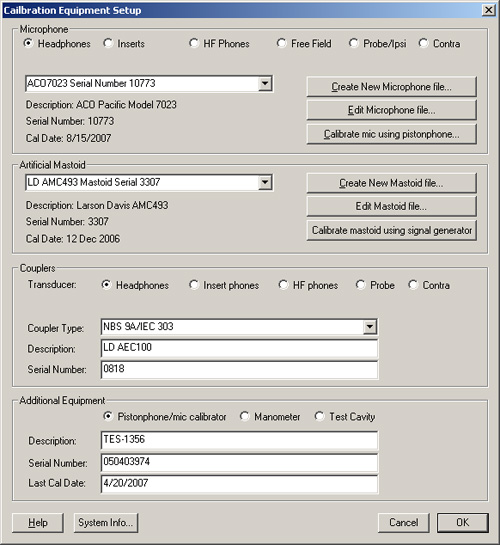 Equipment setup screen